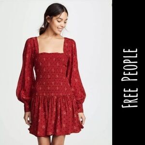 Free People Ruby Red Floral Mini Long Sleeve Dress